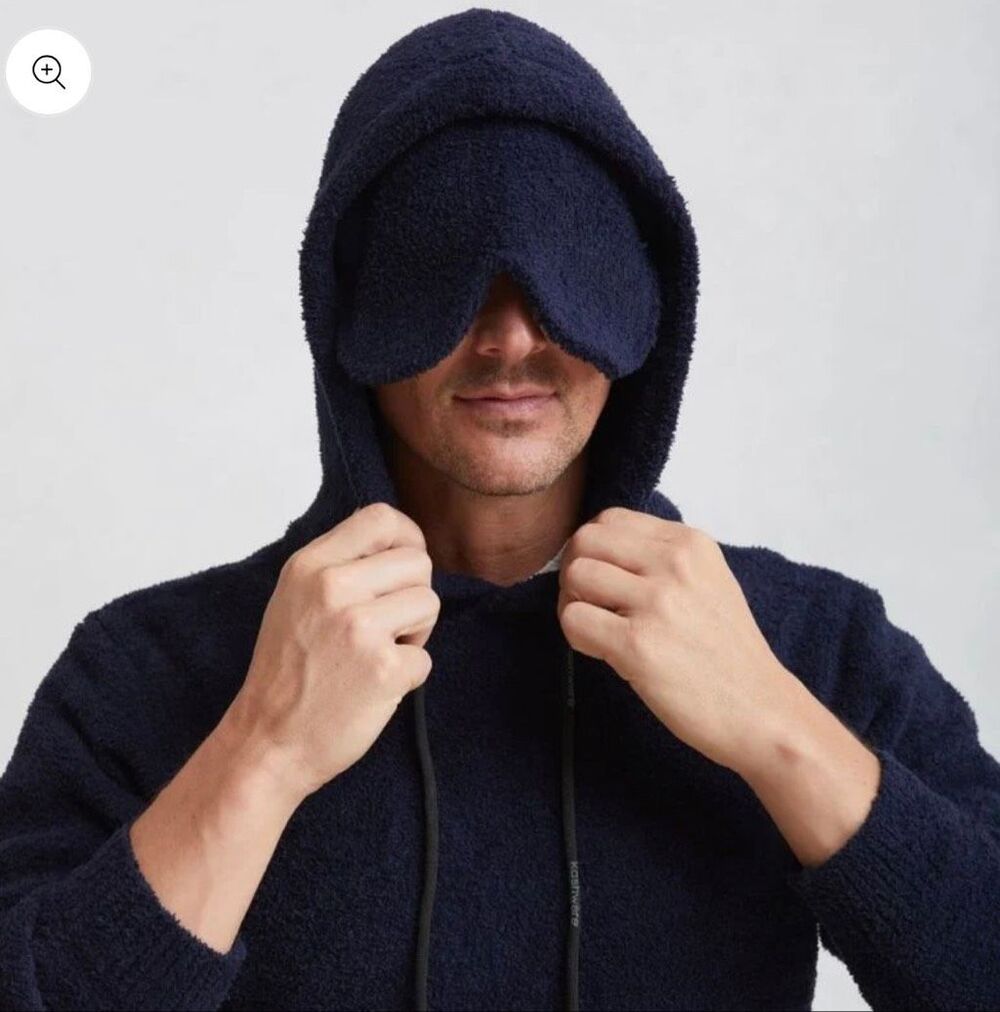 Kashwere Unisex Ultra Soft Built-In Eye Mask Sleep Hoodie navy blue L NWT